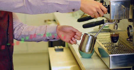 Selbstklebende Fototapeten Zu Kochen Preparing barista hands, purple shirt red vest, using espresso machine at cafe with pitcher, glass  © vectorfusionart