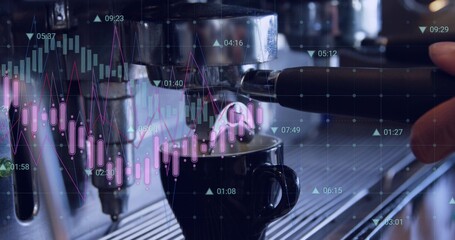 Pulling shot from espresso machine group head at cafe, showing portafilter, black cup, data overlay