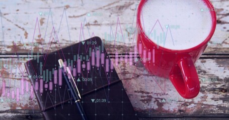 Sitting red ceramic mug steaming at cafe table, showing planner and stock charts, copy space