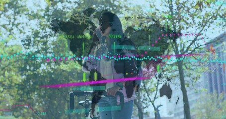 Talking woman wearing backpack and jacket, holding bike and phone on sidewalk, with data overlays