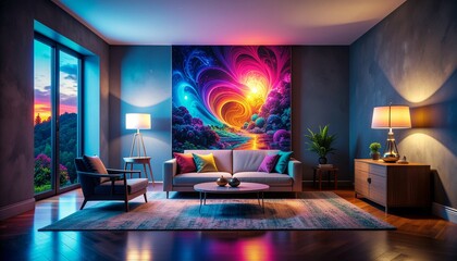 Surreal Firefly Light Behaving like Matter in a Minimalist Modern Living Room Scene