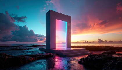 Minimal surreal scene built on texture and light, a serene portal stands on a tranquil waterfront at dusk