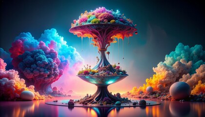 Surreal Firefly object slightly misaligned, evoking a calm, dreamlike atmosphere with vibrant, colorful clouds and reflections