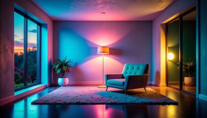 Surface reflection appearing without reflective material in a serene room ambiance at dusk with chair and lamp 857690