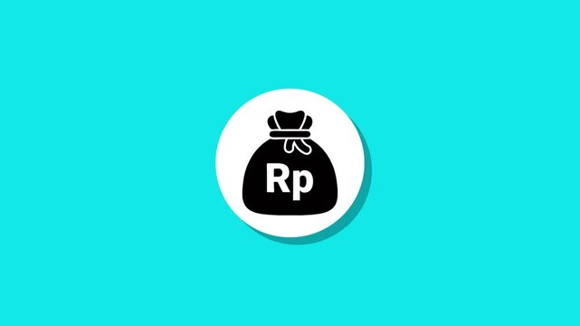 Money bag with Indonesian rupiah symbol Rp appears on blue background with shadow, animation footage