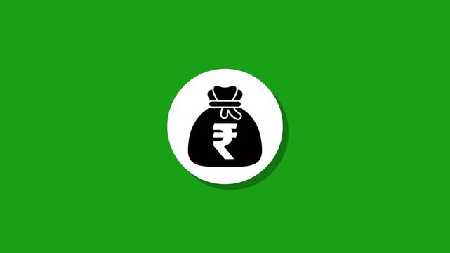 Animated rupee money bag icon popping on green background with flat design style for financial and banking concepts