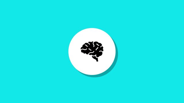 Minimalist brain icon animation pops onto screen representing intelligence knowledge and thinking process on bright cyan backdrop