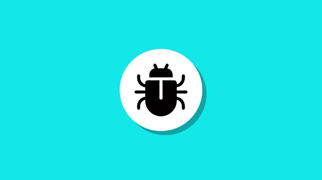 Flat animation of computer bug icon appearing on white circle with shadow over turquoise background representing software error