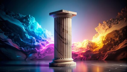 A large clay pillar levitates with matte texture in a surreal atmosphere