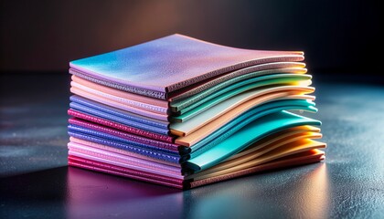 A stack of colorful papers hovering slightly above a reflective surface with deep shadows