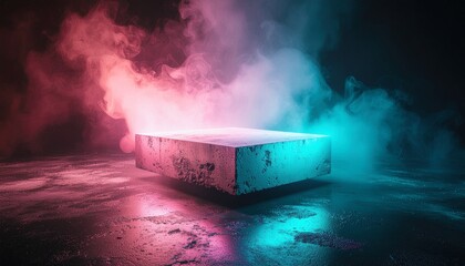 Floating concrete slab with soft pastel edge glow in dark minimalist space
