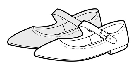 Mary Jane flat shoe women sketch pair. Strap front pointed toe footwear for smart casual office outfit. Technical fashion illustration CAD mockup detailed vector man unisex isolated classic style.