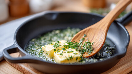 Butter melting and bubbling with garlic and herbs in a skillet for a flavorful cooking experience