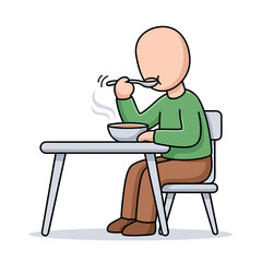 Fototapeta premium A simple cartoon illustration of a person eating a meal at a table with a spoon and bowl.
