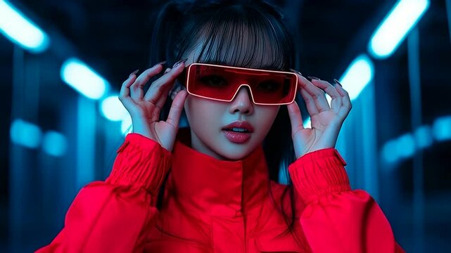 Woman in futuristic red outfit interacting with virtual interface confidently