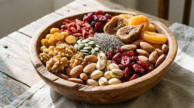 A large wooden bowl showcases a vibrant, colorful arrangement of mixed nuts, seeds, dried fruits, and goji berries.