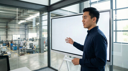 Young businessman presenting on a large white screen in a modern office with industrial background, showcasing business growth and innovation