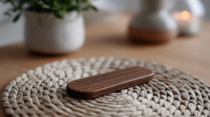 Smooth polished dark wood elongated object with natural grain detail resting on woven surface