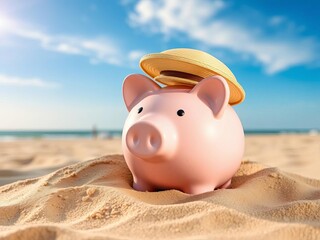 Piggy bank rests on warm sand, hinting at summer savings Vacations await under a vast blue sky,  escape,  natural light