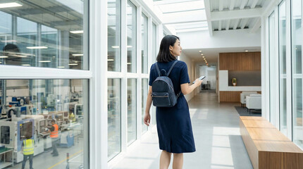 A young woman in a navy dress and backpack walks down a modern corridor with large windows overlooking a factory floor, holding a pointer stick