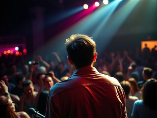 Musician lost in sound, crowd euphoria rear view, exclusive concert photo shoot, bands, models,  celebration,  rear perspective