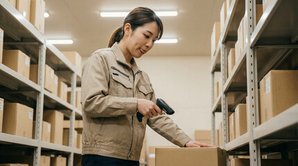 Female worker in a warehouse scanning barcode on a package with a handheld scanner among shelves stocked with boxes, emphasizing logistics and inventory management