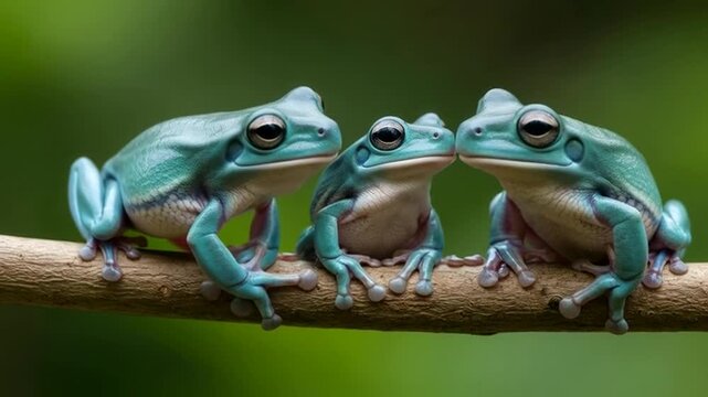 Three adorable green frogs sitting on a branch