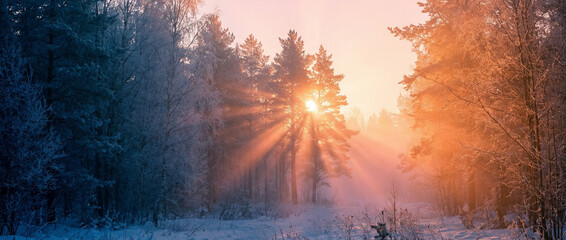 Golden sun rays pierce through a frosty winter forest at sunrise, illuminating snow-covered trees with warm light and creating a serene, magical landscape.