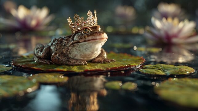 A sleepy frog w/ a crown sitting on a lilypad, stylized 3d render, soft depth of field, fairytale mood, detailed textures & reflections