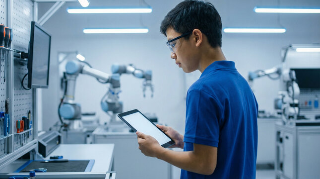 Young man in smart factory using tablet to control robotic arms in a modern automated manufacturing facility for high-tech industry and production processes