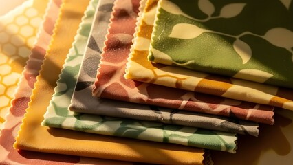 Natural Imperfection-Close-up of beeswax wraps with natural wrinkles and texture, warm sunlight, earthy colors, imperfect but comforting feel, emotional sustainability concept.