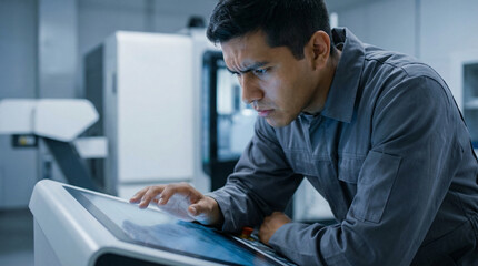 Focused male technician working intently on a touch screen interface of advanced industrial machinery in a modern manufacturing facility
