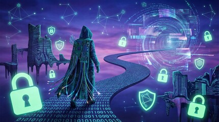 A hooded figure walks on a futuristic pathway surrounded by digital security icons and shields in a cyberpunk environment