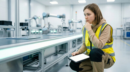 Female engineer in hi-vis vest crouching by a robotic assembly line, observing with tablet, modern factory floor setting