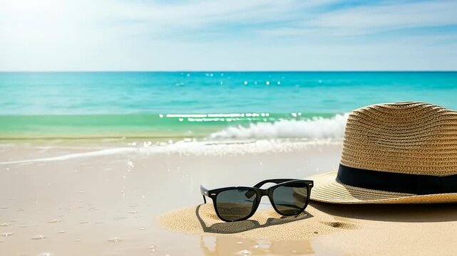 Serene beach scene with stylish sunglasses and hat