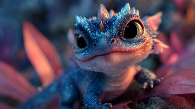 A cute baby dragon w/ sparkling scales, friendly expression, vibrant fantasy world, 3d animation still, cinematic color grading