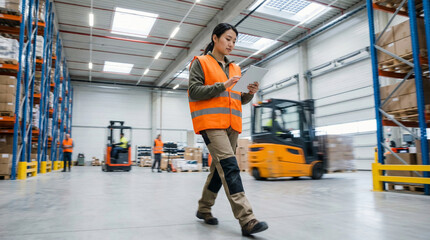 Young woman in reflective vest checks inventory on a tablet in a bright, modern warehouse with forklifts and shelves full of boxes in the background