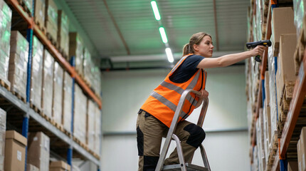 Woman in safety vest on ladder using barcode scanner on shelves in warehouse, logistics and inventory management