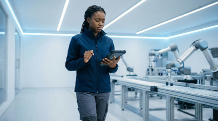 Young female engineer in a modern factory overseeing automated robotic arms on a production line with a digital tablet in hand