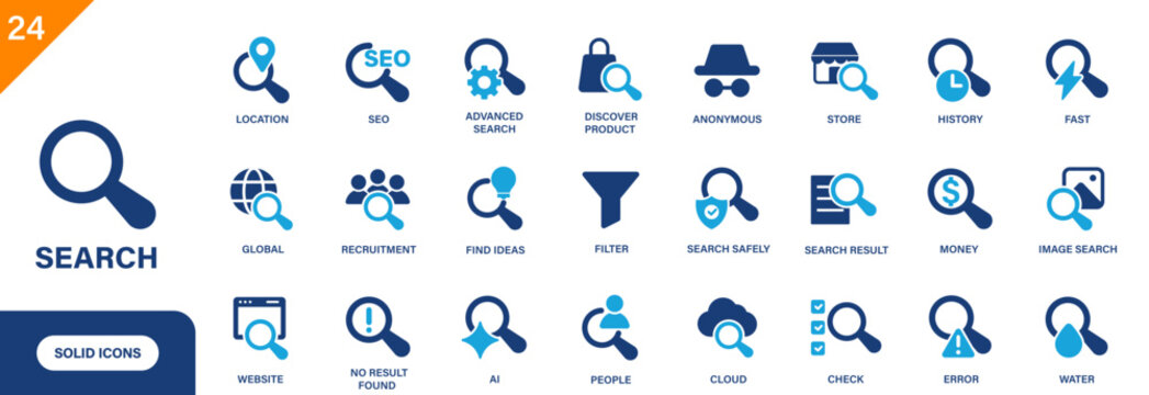 Search icon. Includes magnifying glass, search history, AI, filter, discover product, SEO. Solid vector icon set.