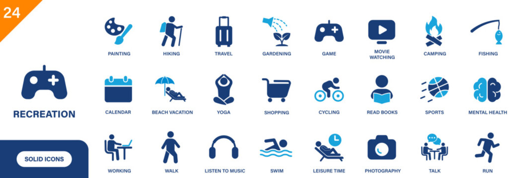 Recreation icon. Includes leisure time, play games, gardening, travel, sports, reading books. Solid vector icon set