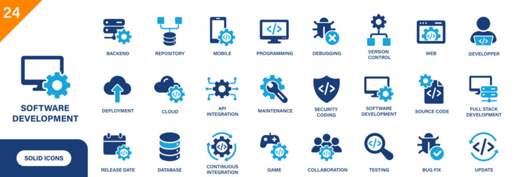 Software development icon. Including developer, debugging, programming, backend, source code, full stack development. Solid vector icon set.