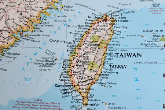 Quebec city, Canada, January 15th, 2026 : Illustration of a world map zone and of Taiwan country. USA and external policy and Asia. Asia conflict and actual world policy.