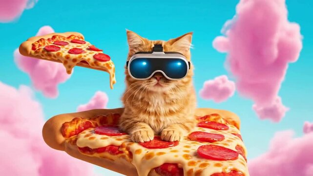 Purring Cat Wearing Virtual Reality Goggles Hovering Over Pizza Slice In Surreal Cloudscape