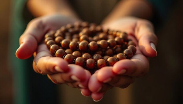 Closeup of hands holding a brown beaded mala.