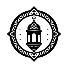 Ramadan lantern icon inside decorative circular border for islamic festival