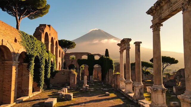 Ancient Roman ruins on a sunny day, the roman forum with mountain view landscape