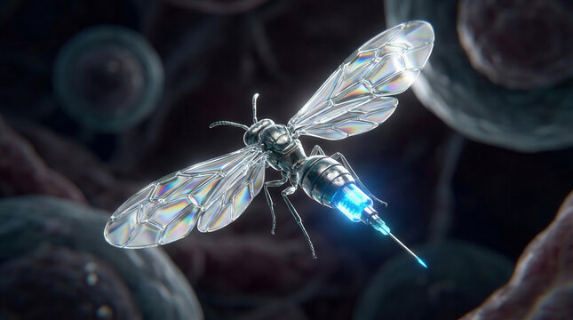 Robotic bee drone with micro syringe propulsion flying over cellular structures