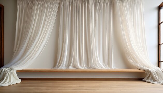 a white curtain is hanging in front of a white wall the curtain is made of a light sheer material and is draped over a wooden baseboard the room is empty with no furniture or decorations visible