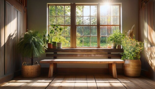 light streaming through a rustic window illuminating a wooden bench and greenery in a cozy indoor space